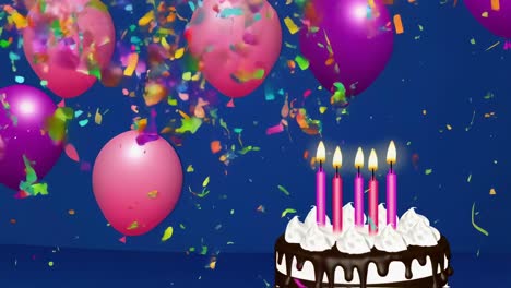 chocolate birthday cake adorned with lit candles, pink and purple balloons, confetti falling against vibrant blue background, creating festive celebration moment