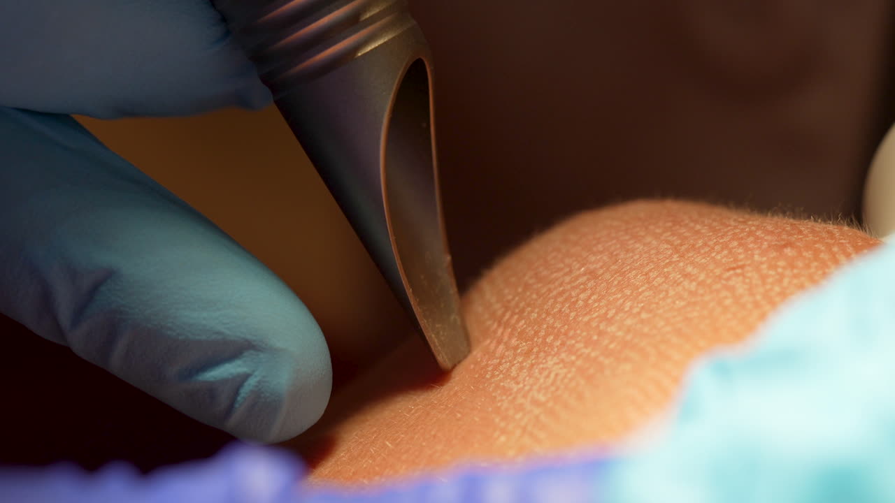 레이저 주사 - 특수한 빛 아래 피부와 접촉하는 의료 도구, 상세한 피부학적 검사 또는 절차의 일부가 될 수 있습니다.