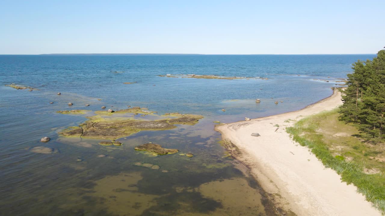 Vista aerea con drone di una tranquilla spiaggia sul Mar Baltico con litorale sabbioso, chiazze di alghe, piccoli isolotti rocciosi e pineta sulla costa