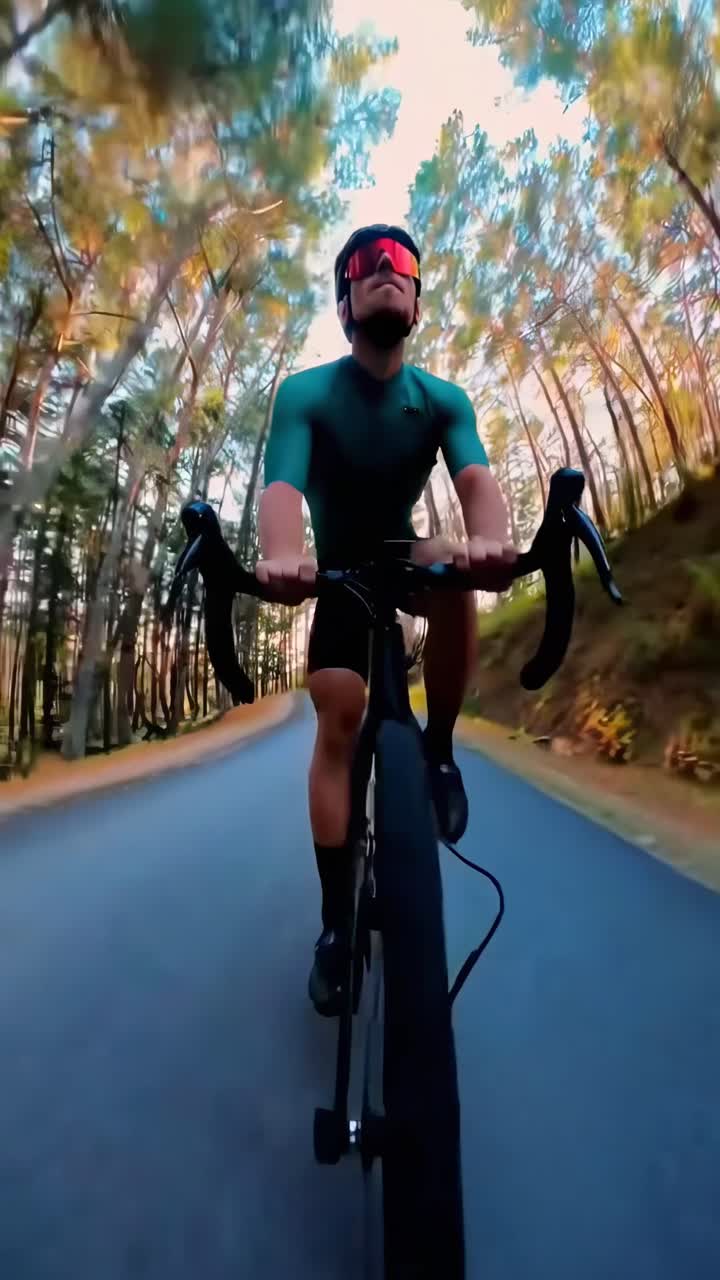 Video dinamico da angolazione bassa di un ciclista su una strada forestale, che cattura il movimento e la luce del tramonto.