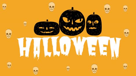 Animation-of-halloween-text-pumpkin-and-skulls-on-orange
