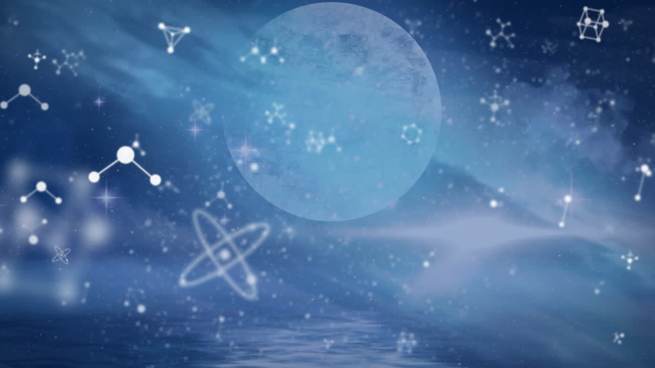 추상적인 배경 위에 지구와 함께 떠다니는 뉴클레오티드와 별의 애니메이션