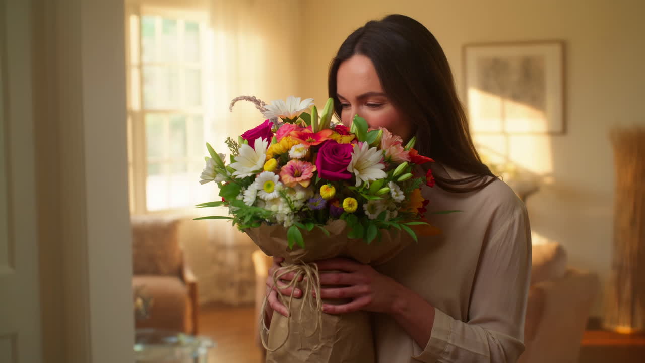 Giovane donna felice che annusa un bellissimo bouquet di fiori