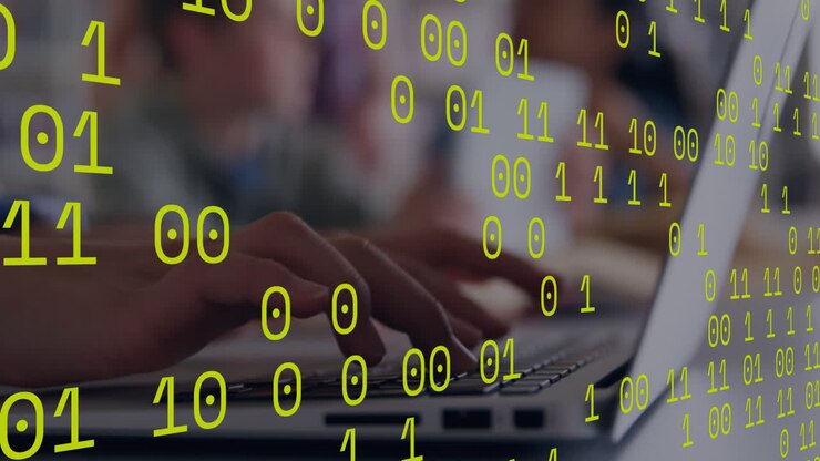 Binary coding data processing against close up of person hands using a laptop