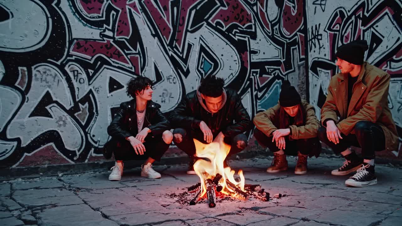 Amici accanto al fuoco, muro con graffiti