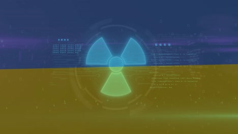 Animation-of-data-processing-and-nuclear-symbol-over-flag-of-ukraine