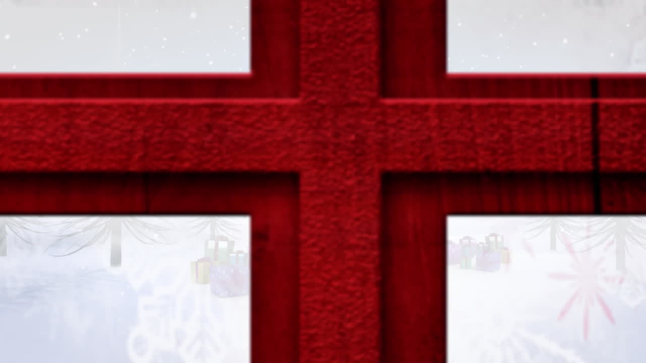 선물 과 산타 슬레이 가 창문 을 통해 보이는 겨울 크리스마스 장면 의 애니메이션