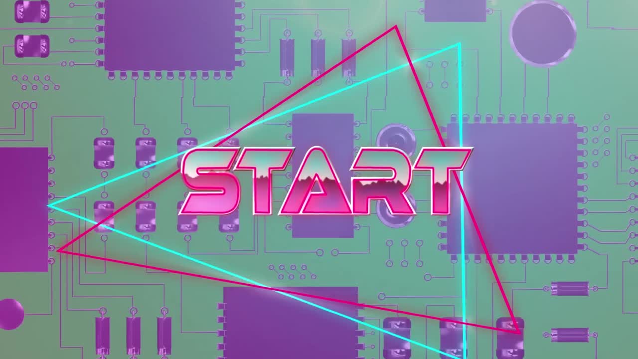 Animation of start text over geometrical shapes and processor cores