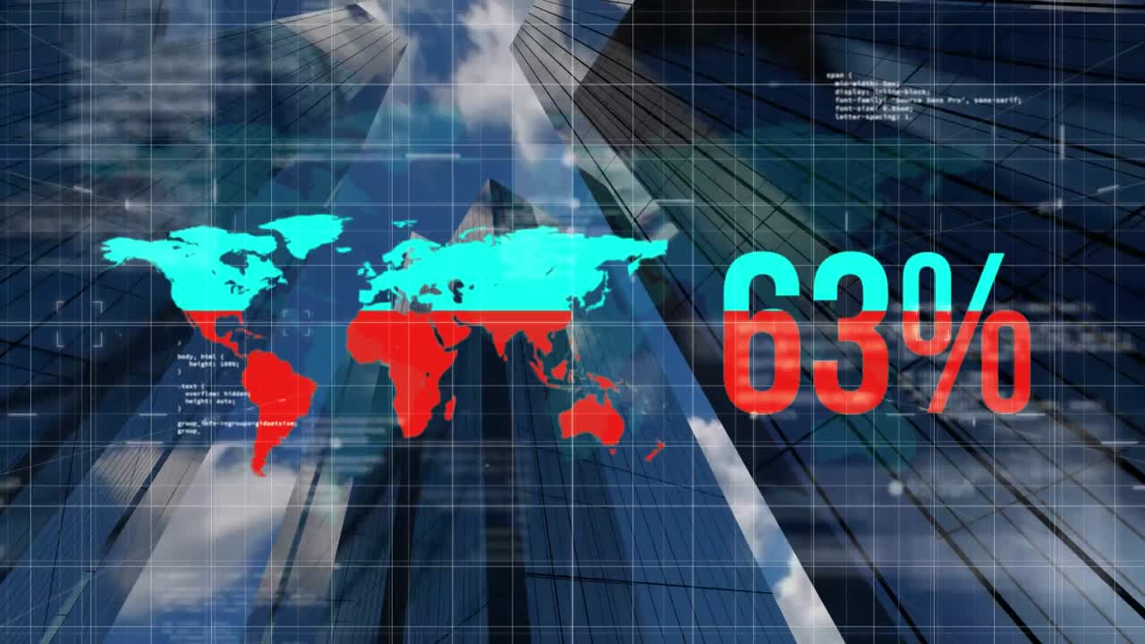 Animation av en världskarta med föränderliga siffror och procenttal bredvid