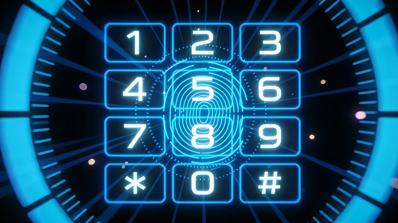Vertical video: Appearing neon-blue keypad HUD pulsing in void, forming HUD ring lines particles