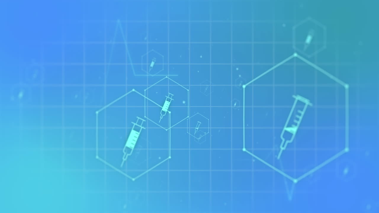 의료 주사기 아이콘의 애니메이션과 파란색 배경의 그리드 상의 데이터 처리