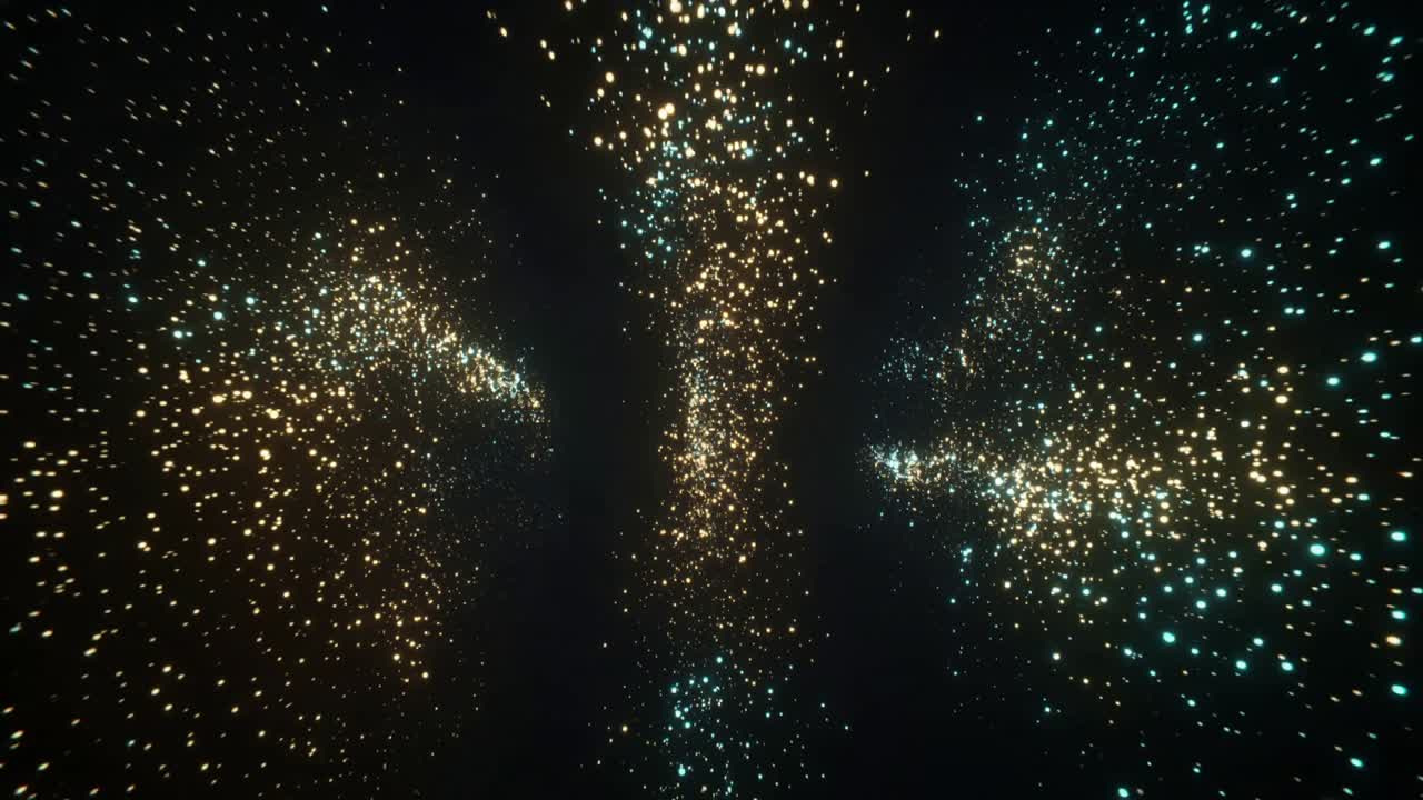 Pulling forward, camera showing center column growing denser in void, creating golden bokeh tunnel