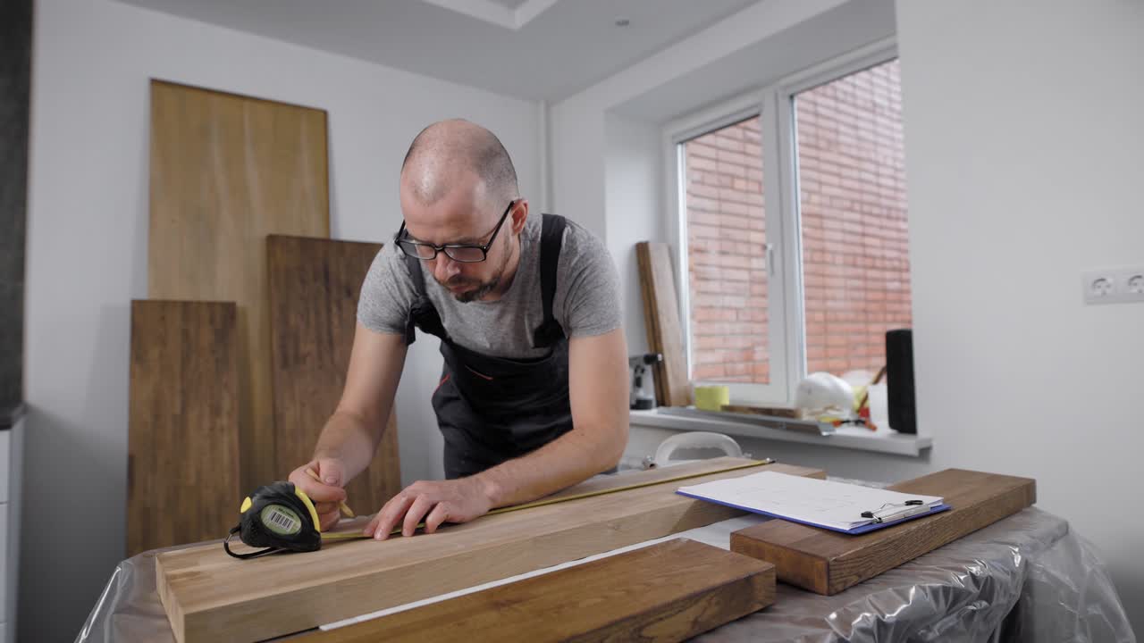 hombre profesional está trabajando con tablas de madera en el hogar, dibujando marcas en una superficie, usando cinta métrica