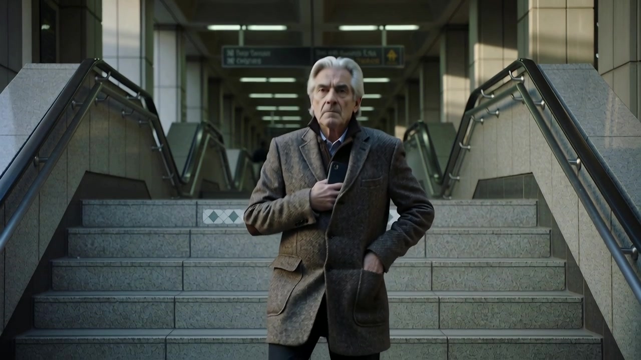 Descending senior man holding smartphone securing it into wool coat pocket on stairs at transit hub