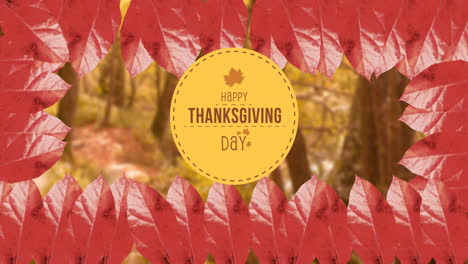 happy thanksgiving day text banner and frame of autumn leaves against forest