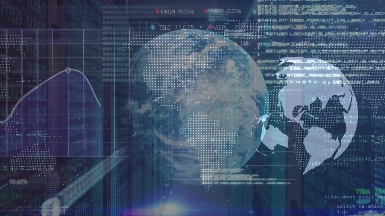 Animation of globe and world map with data processing over server room