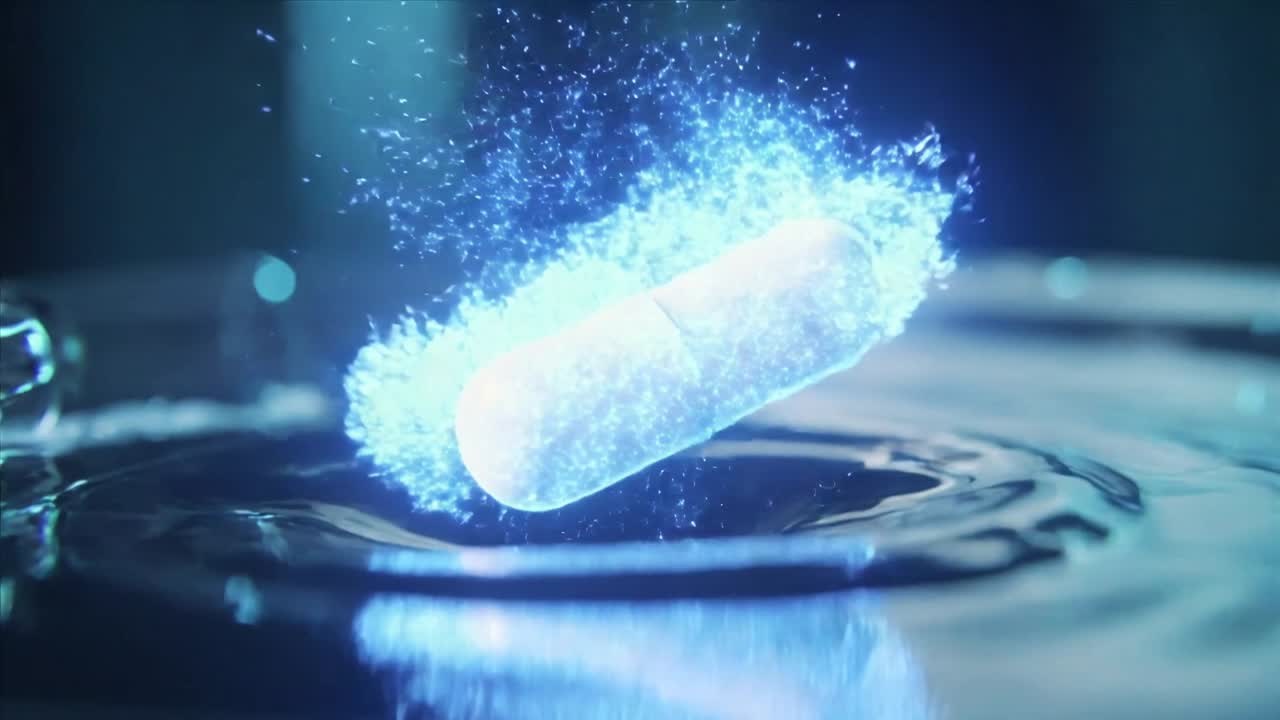 Una capsula bianca sospesa cade, toccando una piscina da studio, emettendo una nuvola blu e formando una cresta luminosa.