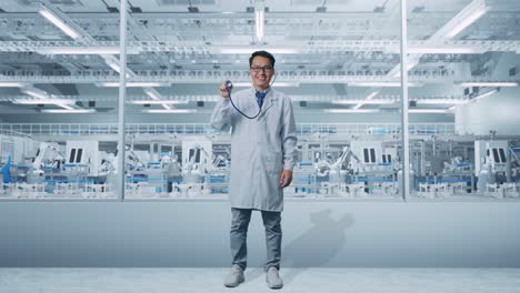 cuerpo lleno de médico masculino asiático sonriendo y usando su estetoscopio mientras estaba de pie en el laboratorio