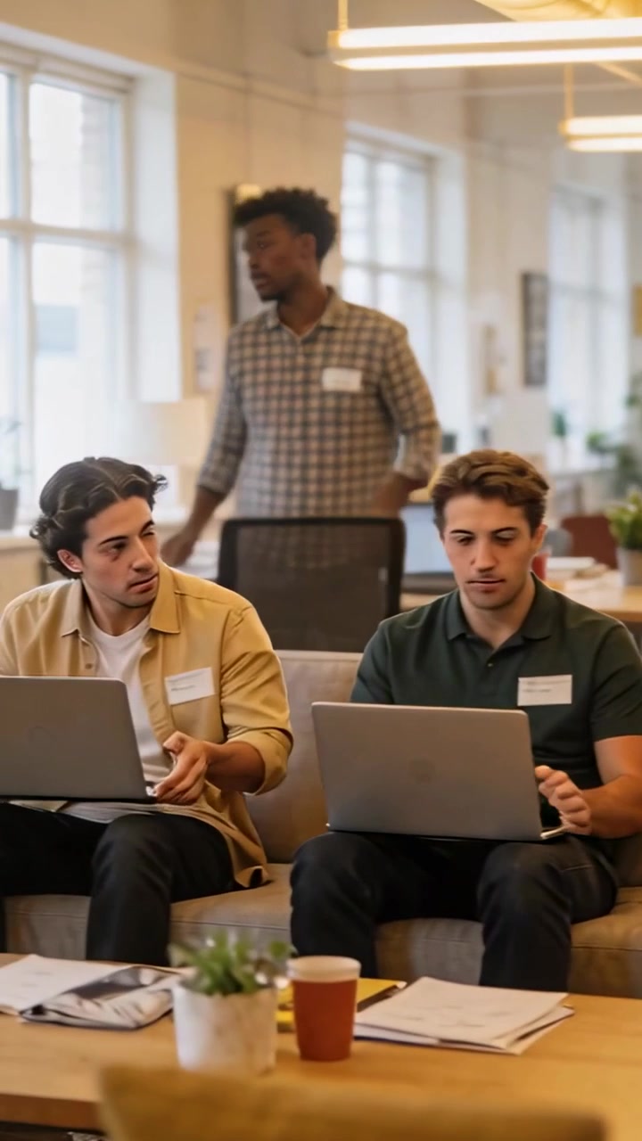 Vertical video: Shifting weight woman in gold moving to lounge joining team with tablet, copy space