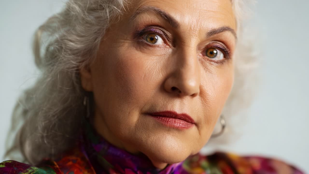 A poised woman with silver hair and vibrant clothing gazes thoughtfully at the camera, embodying elegance and wisdom in her captivating expression