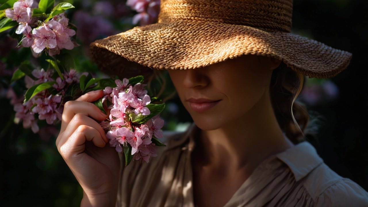 Un momento sereno catturato con una donna che indossa un cappello di paglia, che tiene delicatamente fiori rosa, incarnando la bellezza della natura e la tranquillità in una scena di giardino illuminato dal sole.