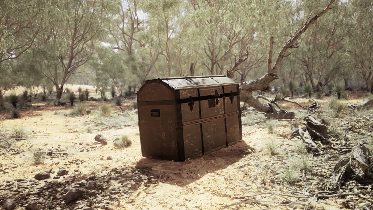 Mysterious treasure chest discovered in sandy landscape surrounded by trees