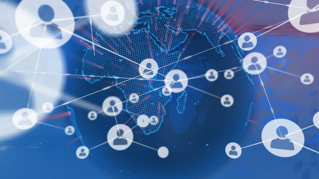 파란색 바탕에 전 세계에 있는 아이콘으로 연결된 네트워크의 애니메이션