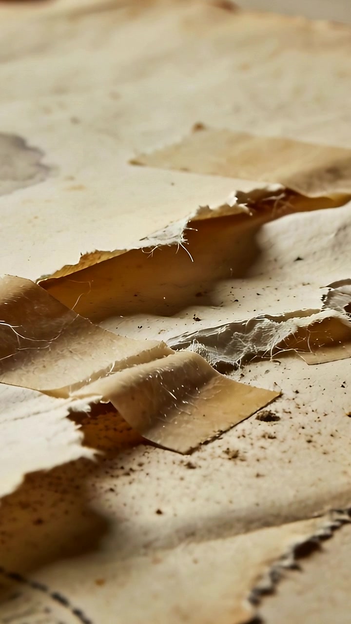 Vertical video: Camera starting close pan over torn aged paper on desk, showing tape, fibers, stamp
