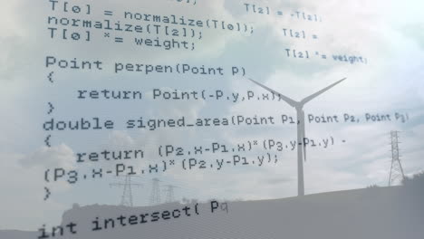 animación del procesamiento de datos sobre la turbina eólica y el cielo con nubes