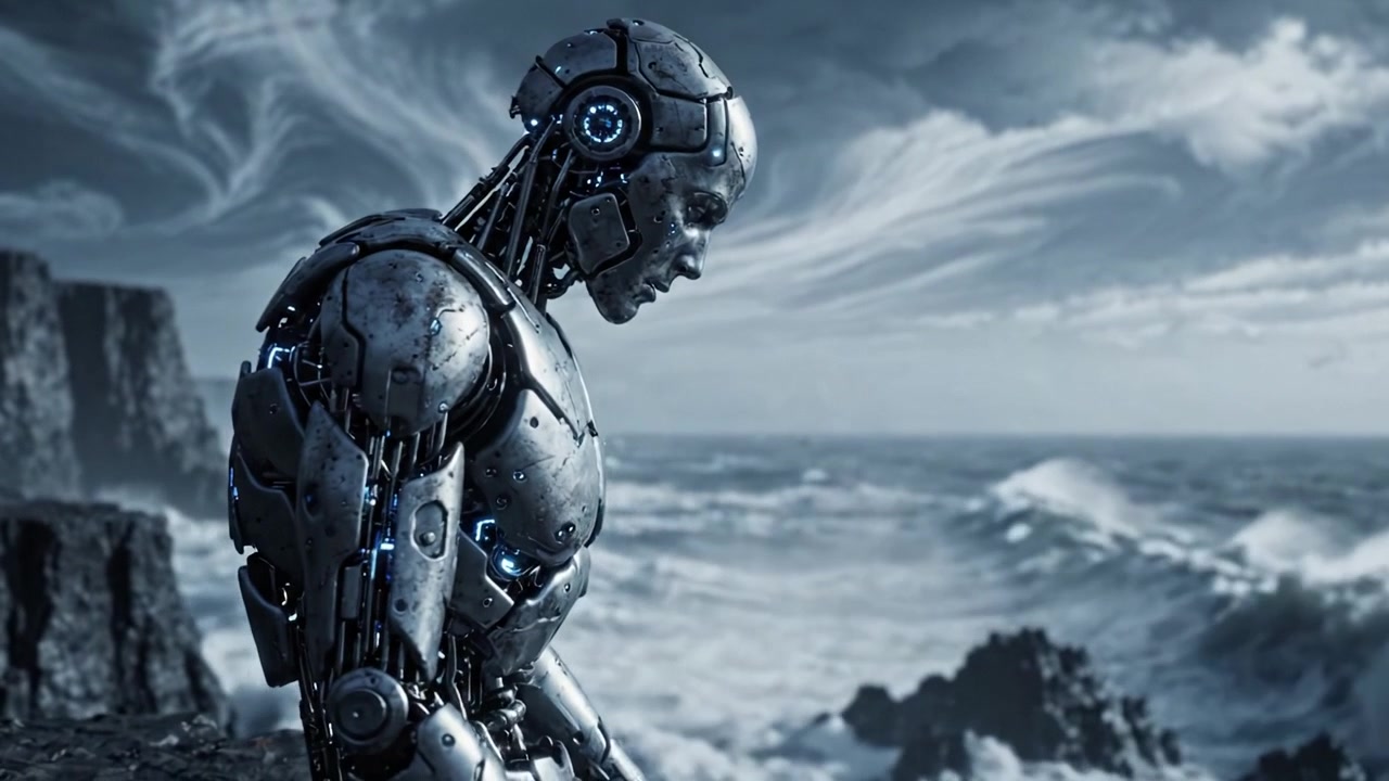 Un robot umanoide futuristico siede pacificamente su una scogliera frastagliata, affacciato su un oceano turbolento sotto un cielo vasto e drammatico pieno di nuvole vorticose