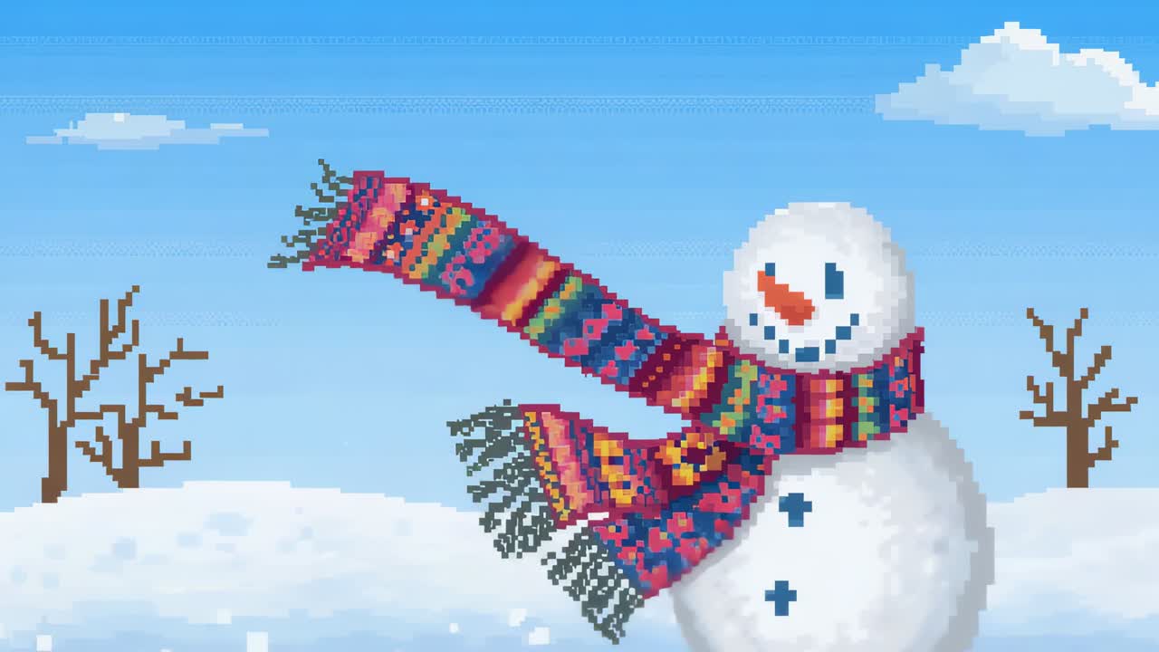 Byig vind som får snögubbens halsduk att fladdra åt vänster över ett snöigt fält medan den lägger sig, utrymme för text