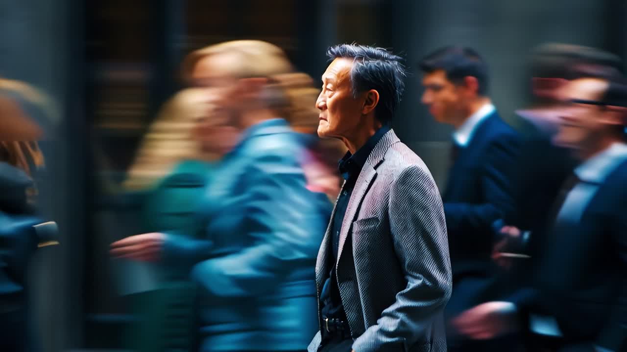 A solitary figure stands out amid a bustling crowd, capturing a moment of introspection against the vibrant motion of a busy urban setting filled with blurred faces