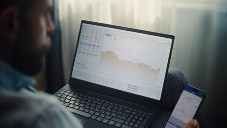 close up of professional focused financial expert working on laptop, monitoring real-time stocks and exchange market charts. successful businessman works in comfortable office of investment bank.