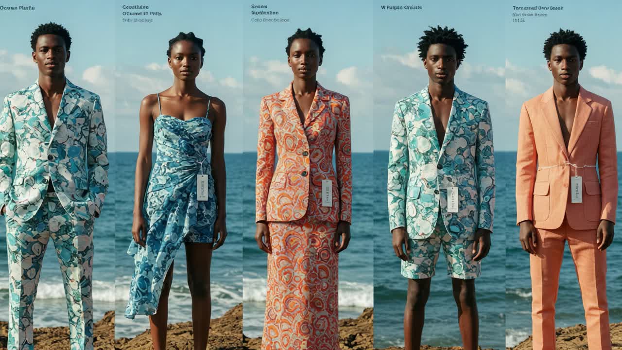 A Stylish Showcase of Contemporary Fashion: Vibrant Designs and Patterns Featured in Eye-Catching Outfits on Display by Diverse Models Against a Scenic Coastal Backdrop