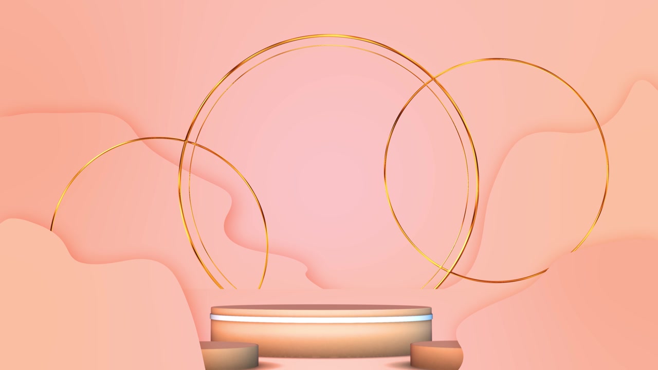 Peach luxury podium soft pastel waves metallic gold circular arches warm studio lighting clean
