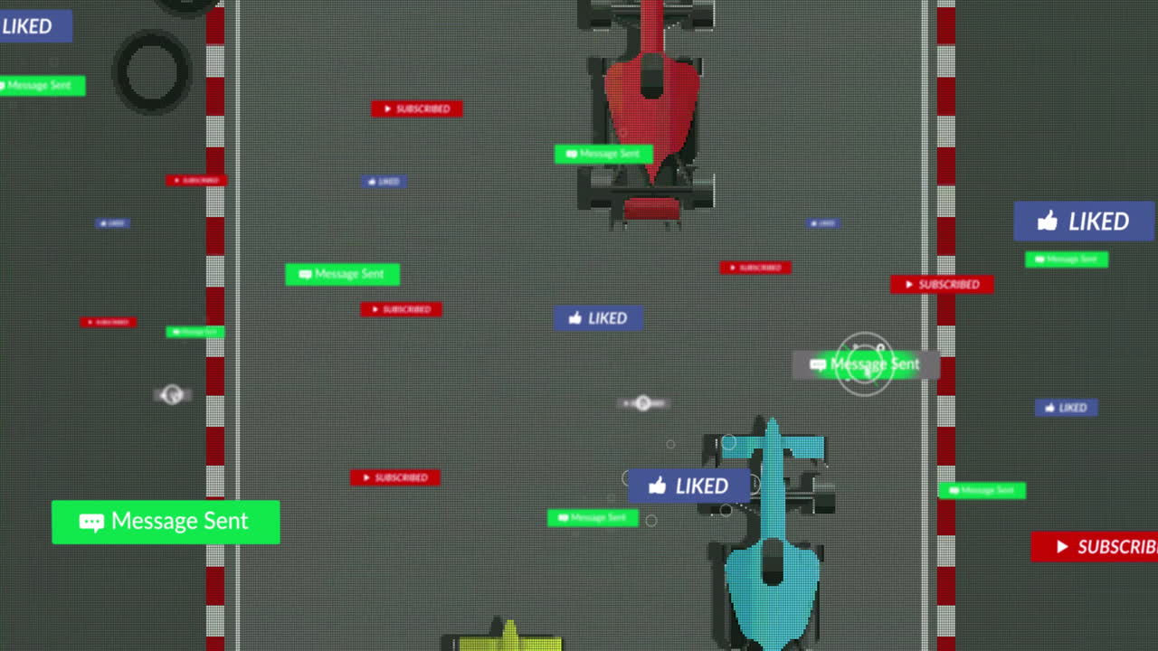coches de carreras con notificaciones de redes sociales animación sobre fondo gris