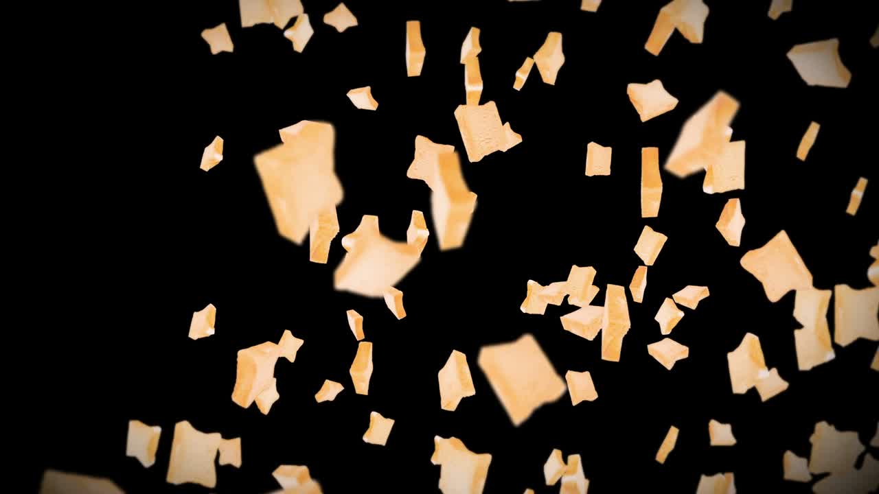 검은색 바탕에 많은 평평한  조각을 날아. 식품, 음식 및 먹는 개념. 밀 조각의 3d 애니메이션 회전. 루프 애니메이션.