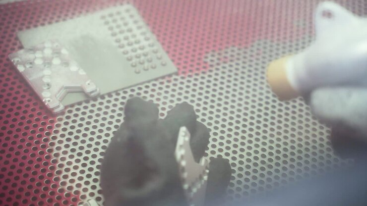 Close up of sandblasting abrasive gun cleaning perfurated metal plates