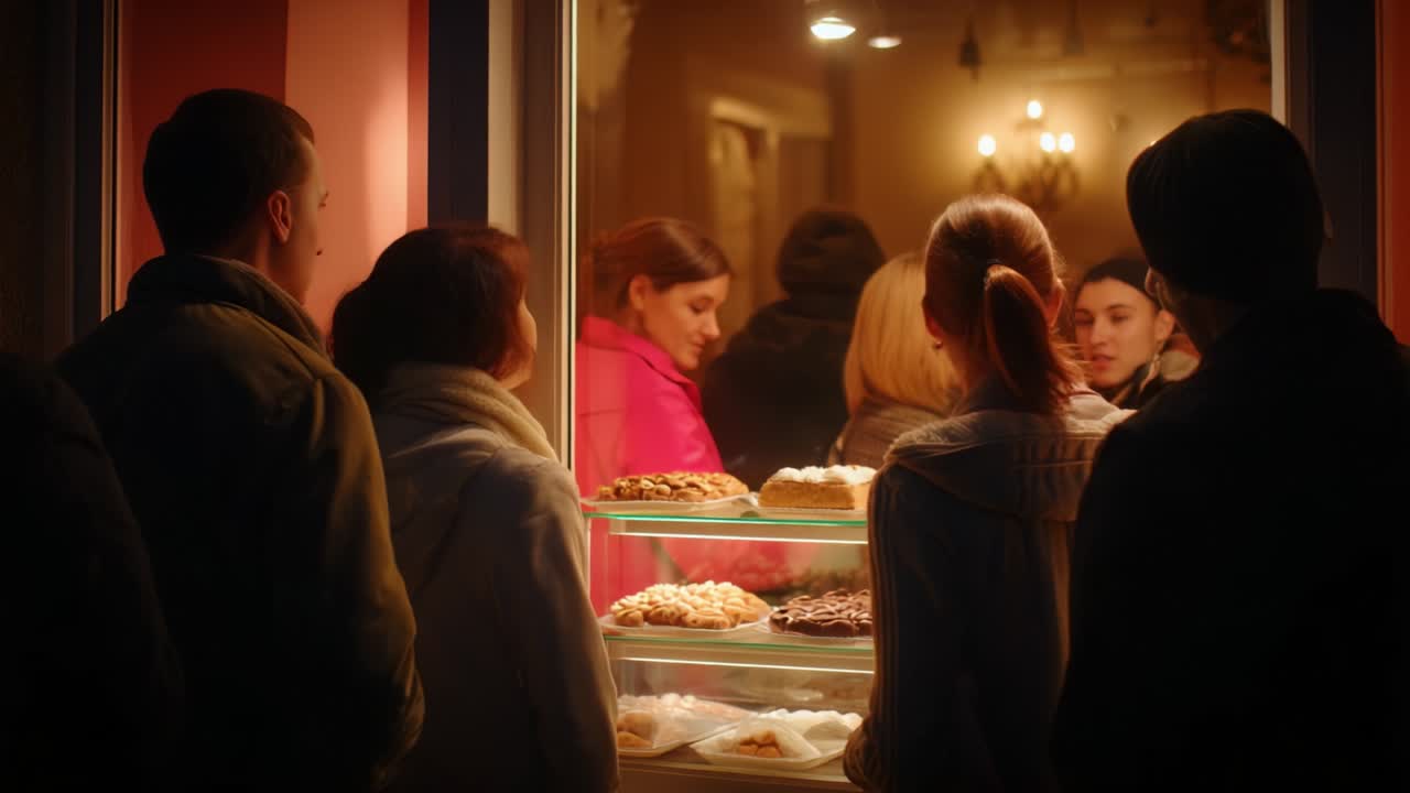 A Cozy Evening Scene Featuring a Group of People Enjoying Tasty Pastries at a Bakery Window, Eagerly Anticipating Their Treats and Engaging in Lively Conversation Amidst Warm Lighting