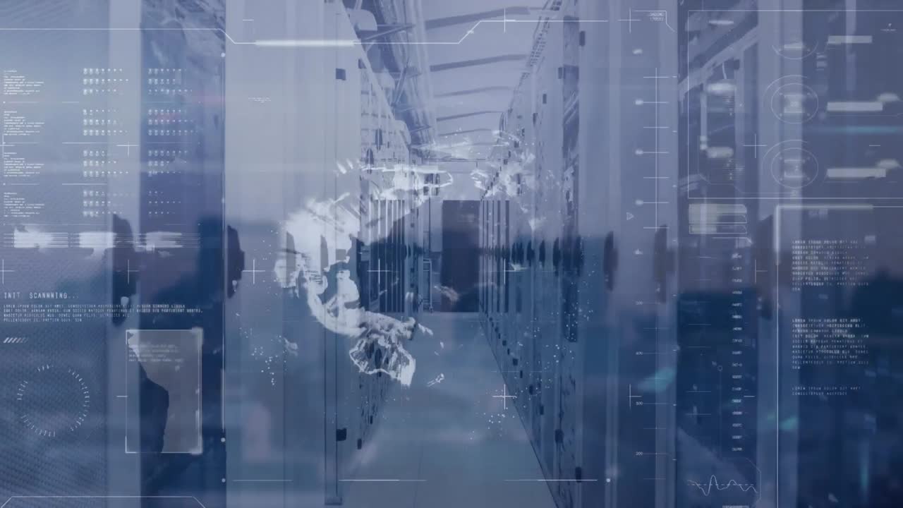 Animation of interface with data processing over spinning globe against computer server room