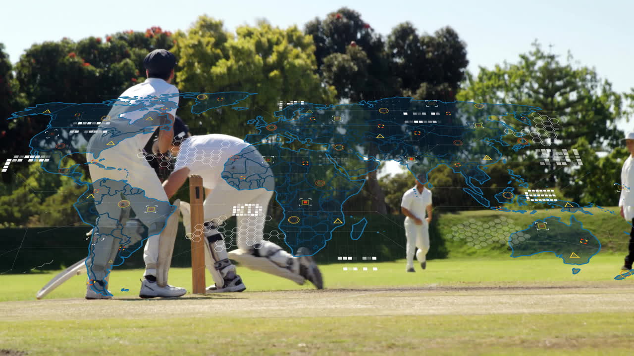 Cricketers playing on field with world map data animation overlay