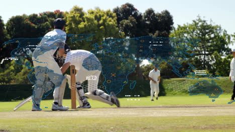 cricketers playing on field with world map data animation overlay