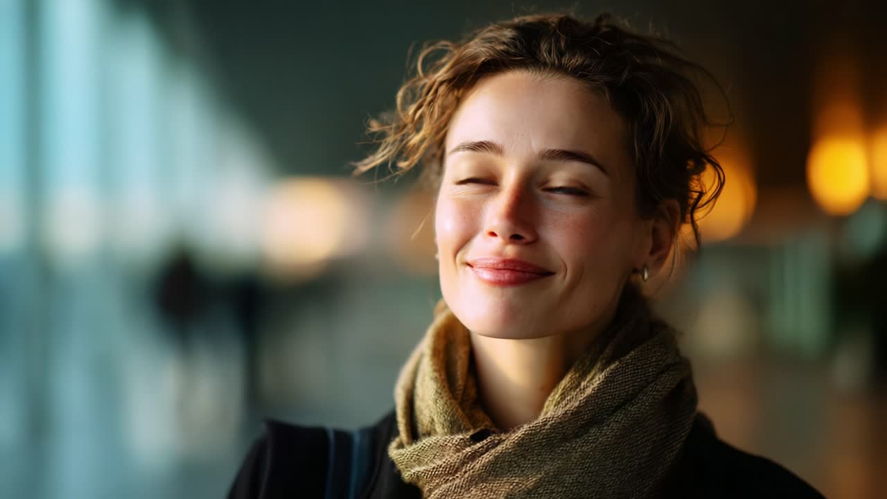 Capturing Moments of Serenity: A Woman's Contemplation with a Warm Smile, Illuminated by Soft Ambient Light in a Modern Architectural Space