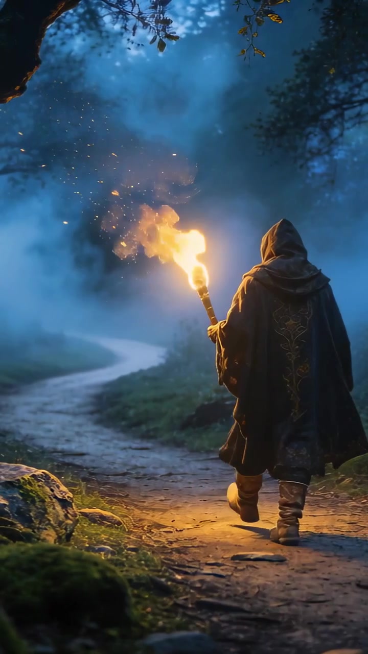Video verticale: Figura che entra da destra con un mantello ornato e una torcia, camminando su un sentiero nella nebbia, con spazio per il testo.