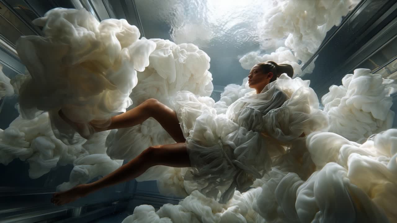A surreal depiction of a floating figure submerged in an ethereal swirl of white fabric and bubbles, creating a captivating interplay of light and shadow in an underwater dreamscape that evokes tranquility