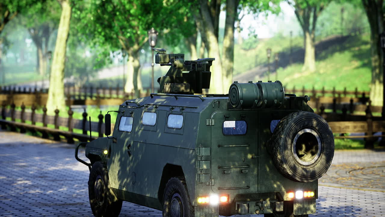 Military vehicle parked under trees in a peaceful park setting