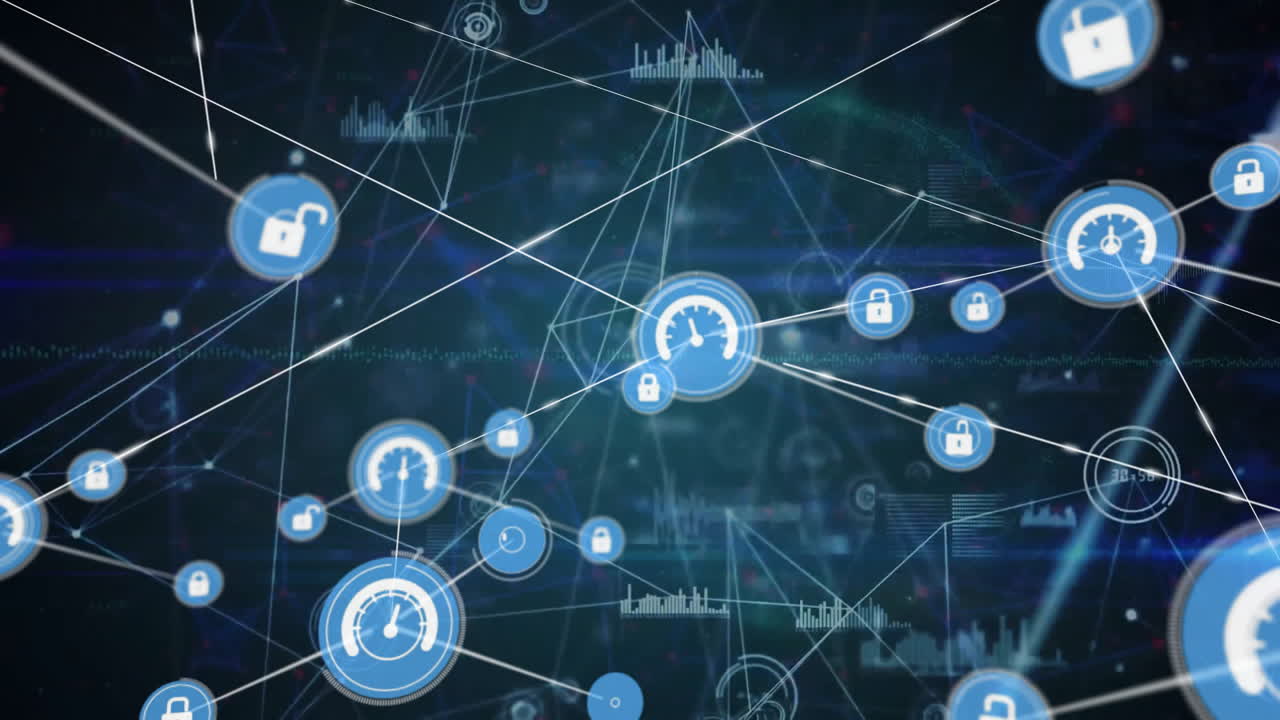 Animation of network of connections with icons and data processing over black background
