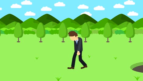 hombre de negocios saltar por encima del agujero. fondo de las montañas. concepto de riesgo. ilustración de bucle en estilo plano.
