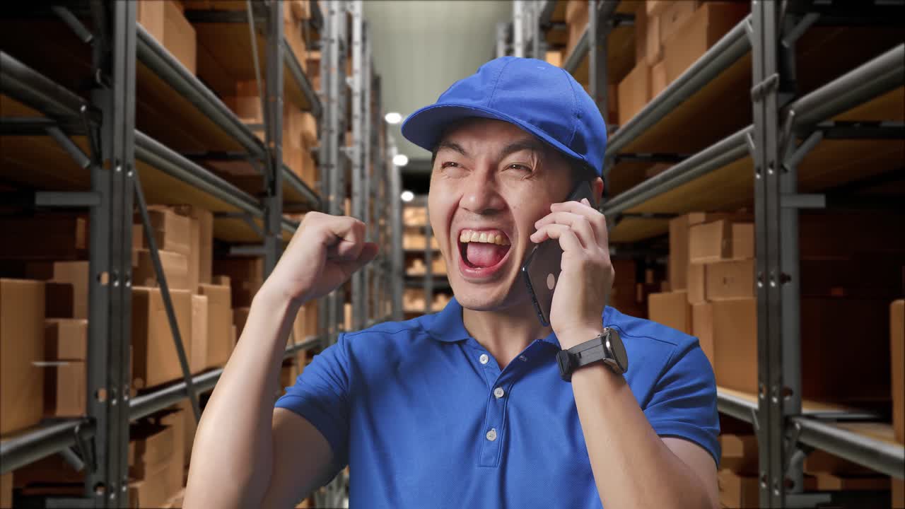 primer plano de un mensajero masculino asiático en uniforme azul hablando en teléfono inteligente y celebrando el éxito mientras entrega una caja en el almacén