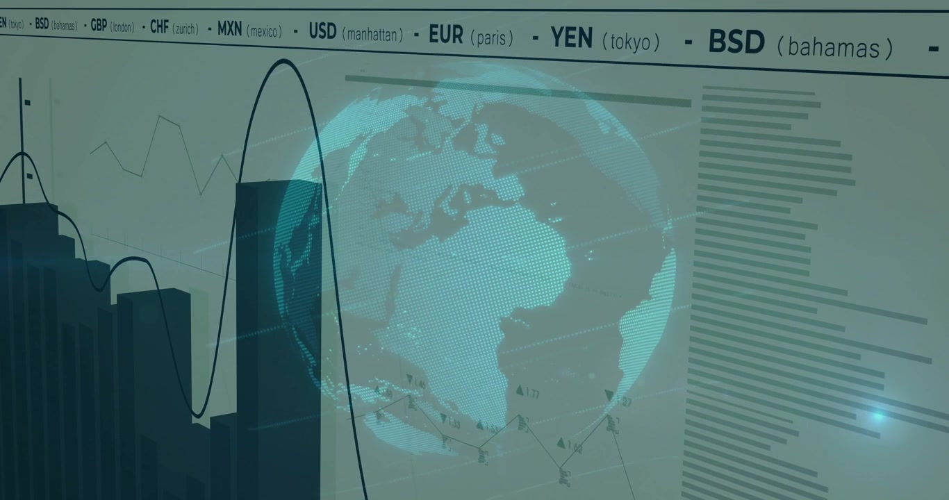 Globo giratorio abriéndose, barras en crecimiento, indicador cíclico y curva de seguimiento mostrando tendencias de divisas